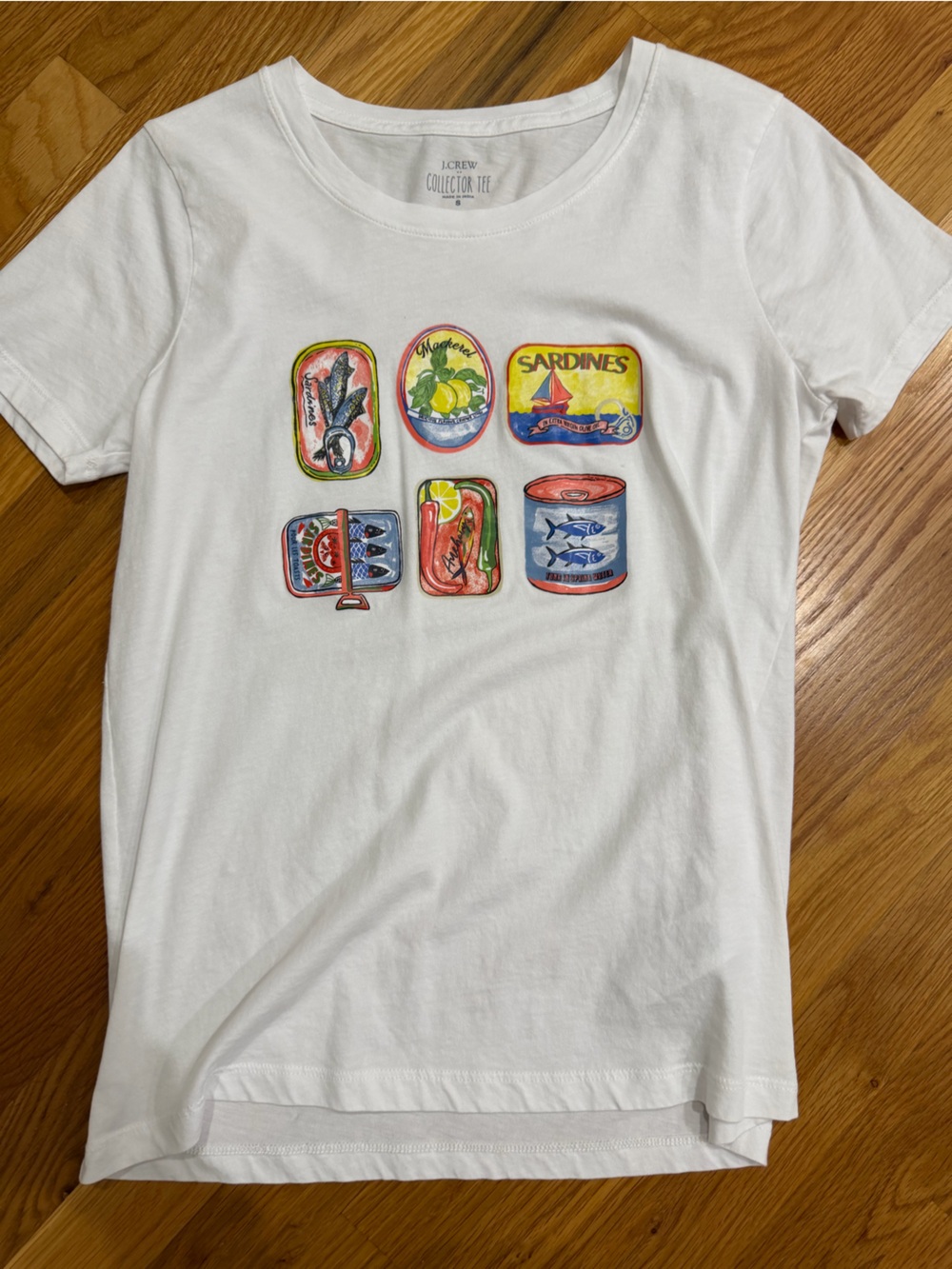 J. Crew White Graphic Tee with Colorful Canned Fish Motif